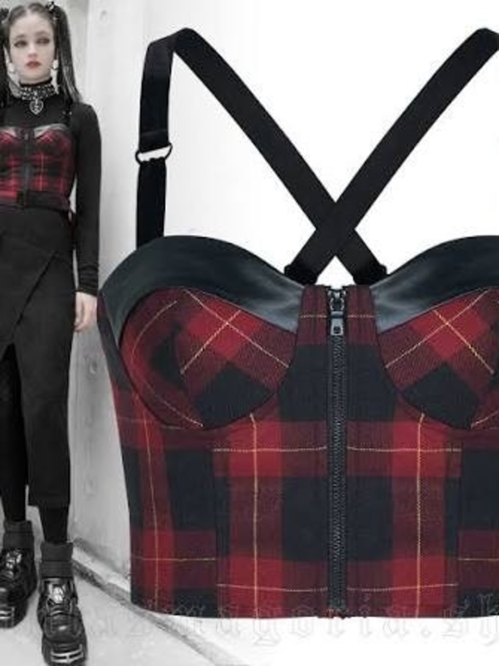 Punk Rave Red and Black Plaid Bustier Vegan Leather Camisole with Velvet Straps